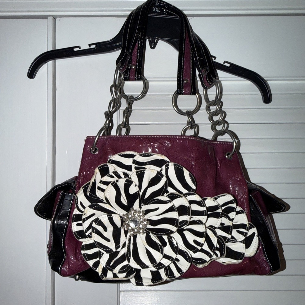 Y2k Women's Zebra Print Studded Shoulder Bag / Black & Plum Handbag /Purse
